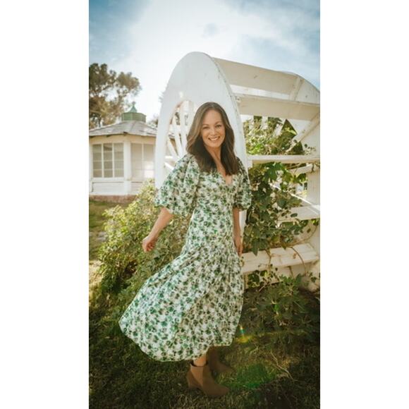 MARYSIA Green White Floral Printed 100% Cotton Drop Waist Imperialis Dress M - Picture 16 of 16